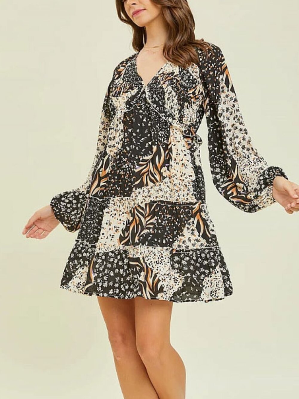 Heyson Black Multi Mixed Print V Neck Smocked Mini Dress